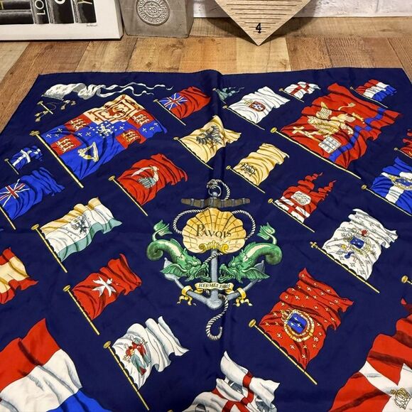 HERMES Hermes Carre 90 Scarf Muffler PAVOIS Ship Flag Pattern 100% Silk blue - Picture 8 of 16